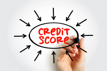 Credit Score - numerical expression based on a level analysis of a person's credit files, to represent the creditworthiness of an individual, text concept with arrows