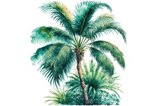 A watercolor hand drawing of a palm tree in beautiful brilliant charming green tropical amazing great hawaiian floral and herbal summer design. Perfect for wrapping paper, textiles, wallpapers, and gr