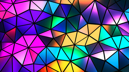 Abstract mosaic background, colorful polygons on black, triangle shapes stained glass