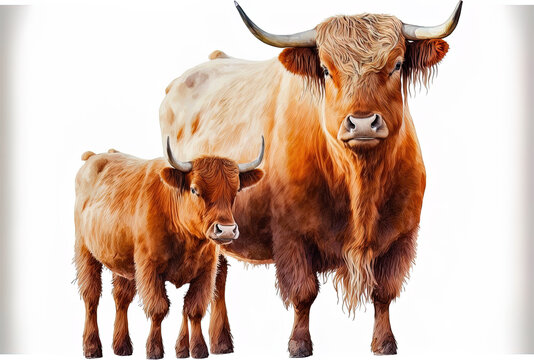 Big brown bull, Yak digital file clipping path, watercolor Mom and Baby Yak for Baby Shower, isolated on white backdrop. Generative AI