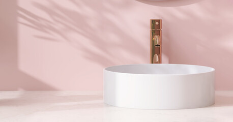 3D Empty modern marble vanity counter with white round ceramic washbasin, bronze color faucet and pastel pink wall in dappled sunlight and shadow from window for toiletries product display background