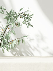 3D Table counter with cream tablecloth drape and olive tree in sunlight, leaf shadow on white wall with space in background for luxury summer, nature, organic product display backdrop