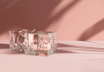 Two natural ice cube transparent acrylic glass podium on pink counter in sunlight and leaf shadow on brown wall background for luxury beauty, cosmetic, skin care, fashion product display backdrop