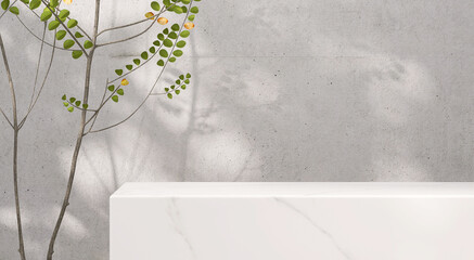 3D White marble table counter podium, tropical tree in dappled sunlight and leaf shadow by gray cement loft wall background for luxury organic beauty, fashion, cosmetic product display backdrop