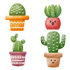 Set of cute cactus, hand drawn watercolor illustration on white background.