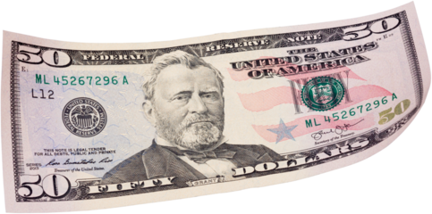 Fifty dollar banknote on white background. Ideal content for creating business concepts, economic and financial news.