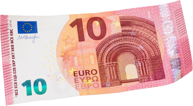 Old used ten euro banknote on white background.  Ideal content for creating business concepts, economic and financial news.