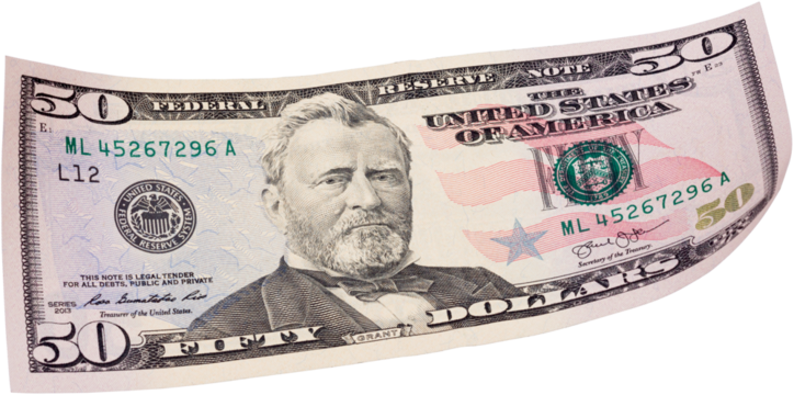 Fifty dollar banknote on white background. Ideal content for creating business concepts, economic and financial news.