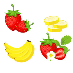 Vector image of banana and strawberry Concept of healthy food and fresh fruit. Juicy fruits, snacks, vegetarian dishes.