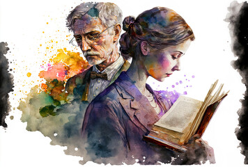 Literature illustration in watercolor. Generative AI