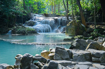 Erawan beautiful waterfall in Kanchanaburi Thailand - 554431694