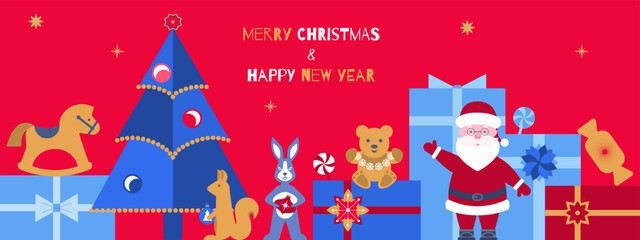 Vector illustration of Merry Christmas and Happy New Year greeting card. Flat, geometric design with Christmas tree, toys, gifts, rabbit. Template for congratulations and invitations, banner, poster.