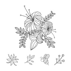 Flower, leaves, bee Line Art Illustration