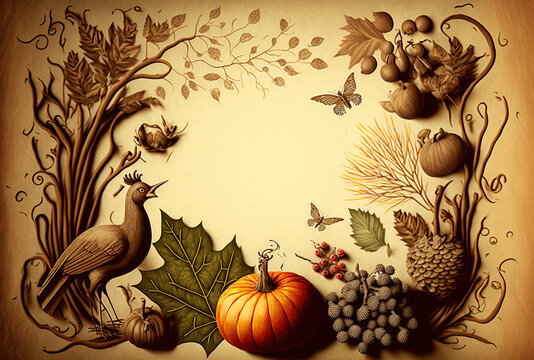 On a backdrop of lokta paper, an autumn nature background border depicts food, plants, and animals. looking up. Thanksgiving, Halloween, and the Harvest Festival. Generative AI