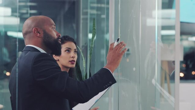 Planning, writing and teamwork with business people and glass whiteboard for idea, vision and marketing strategy. Goal, future and project management with employees in corporate office for solution