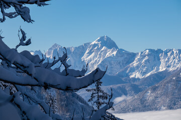 Scenic view of mountain peak Jof di Fuart (Vis) in Julian Alps seen from Kobesnock near Bad...