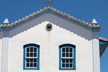 Facade of Our Lady of Mercy chapel in Sao Luiz do Paraitinga, colonial city in Sao Paulo state, Brazil
