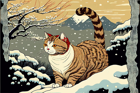 A drawing of a cat in the snow, ukiyo-e style