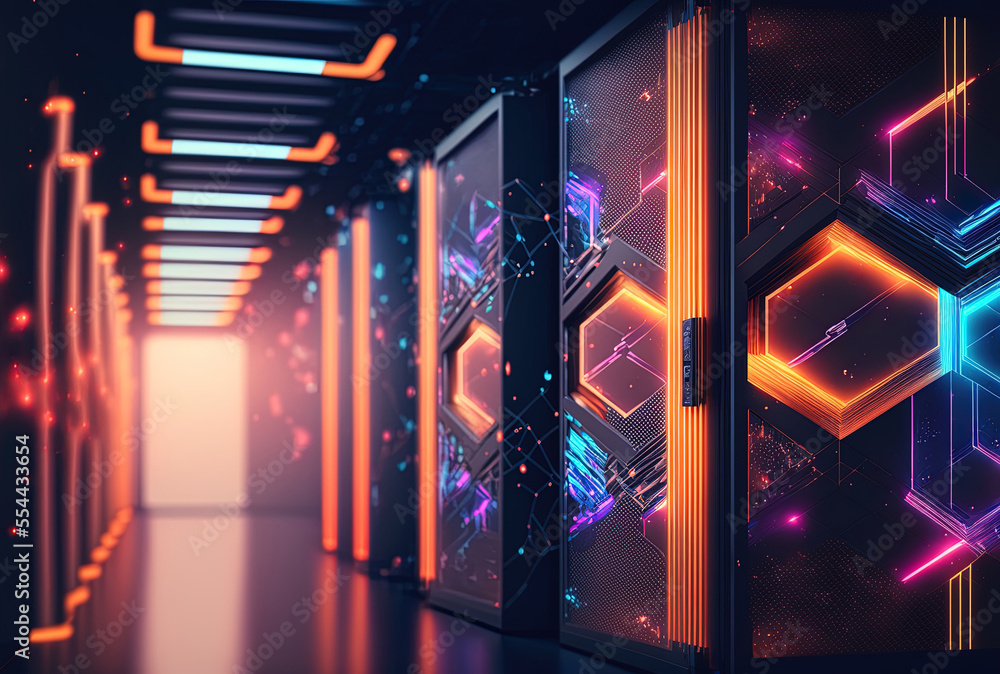 Poster digital interior construction high tech abstract server tonel in a data center. blurred business tec