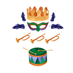 Mardi gras set of watercolor illustrations: masks, crown, drum and trumpet on isolated white background, hand drawn. Perfect for card design, invitation, scrapbooking, fabric printing. © Sviatlana