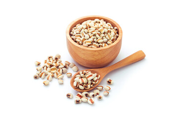 Job's tears or adlay millet seeds in wooden bowl with spoon isolated on white background