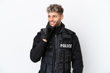 SWAT caucasian man isolated on white background thinking an idea while looking up