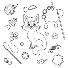 Set of contour cat toys. Games for kittens. Goods and accessories for pet shop. Coloring page for children with supplies for domestic animals. Vector isolated illustrations in cartoon style.