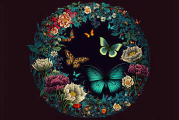Fototapeta premium circle and flower wallpaper with butterflies, for example. Generative AI