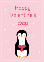 Valentine's Day Greeting card. Cute penguin holds love heart. 