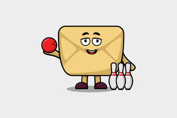 Cute cartoon Envelope character playing bowling in flat modern style design illustration