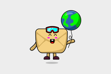 Cute cartoon Envelope floating with earth balloon cartoon vector illustration