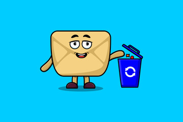 Cute cartoon Envelope throwing trash in the trash in flat modern style design illustration