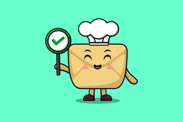 Cute cartoon Envelope chef character holding correct sign board in vector character illustration