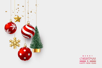 Christmas red balls with Christmas fir tree and golden snowflake and stars isolated on white. Merry Christmas and happy new year banner with traditional balls and confetti. Vector illustration.