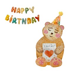 Bear party hat card birthday title watercolor 