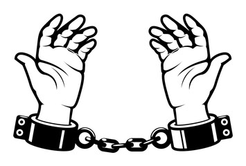 Man hands with shackles on wrists, slave handcuffed, prisoner fetter, encumbrance or debt concept , vector - obrazy, fototapety, plakaty