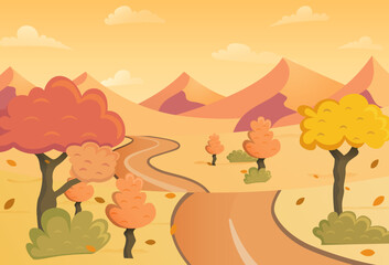 Fototapeta na wymiar vector illustration Autumn mountain path scenic background design. Autumn Landscape Background Vector