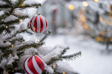 Beautifully decorated snowy Christmas tree with festive red balls outdoors, close-up