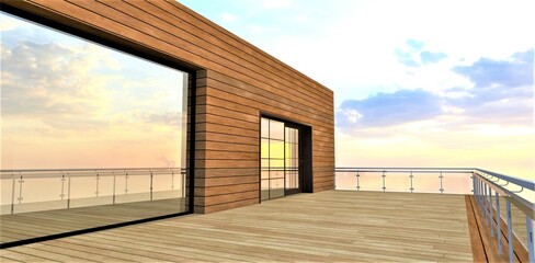 An aesthetic and environmentally friendly option for finishing a spacious balcony of a country house with a facade and terrace board. Great place for a family vacation. 3d rendering.