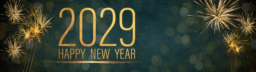 Happy New Year 2029 Party Silvester background banner panorama long- Golden yellow firework on...