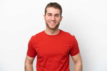 Fototapeta premium Young caucasian man isolated on white background laughing