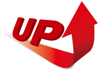 赤い矢印と立体的な「UP」の文字のアイコン。