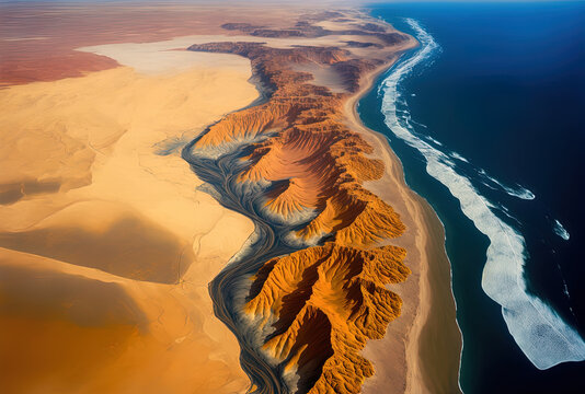 Aerial view of the Skeleton Coast, South Africa, Namibia, and the location where the Namib Desert and the Atlantic Ocean meet. Generative AI