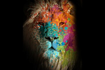 Colorful lion illustration, creative design, modern pop art style, dark background