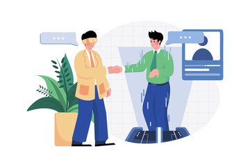 Man wearing virtual glasses is shaking a hand with a hologram graphic in a cyberspace area