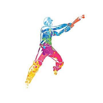 recommend clip art: Cricket player hitting ball with bat, colorful illustration 
