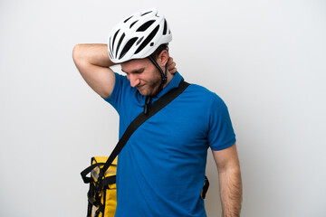 Young caucasian man with thermal backpack isolated on white background with neckache