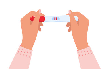 Pregnancy test with two lines in women's hands. Positive pregnancy test result. Planning a baby, motherhood, healthcare. Vector illustration.
