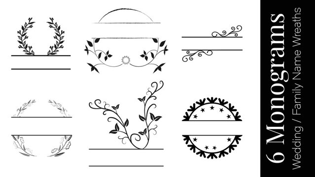 Family Name Monogram Frames for Weddings and Oranments, Xmas Ornaments Bundle of 6 Designs