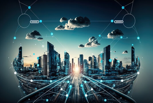 Concept of a contemporary cityscape and communication system. Telecom. Internet of Things (Internet of Things). ICT (Information communication Technology) (Information communication Technology). 5G. S